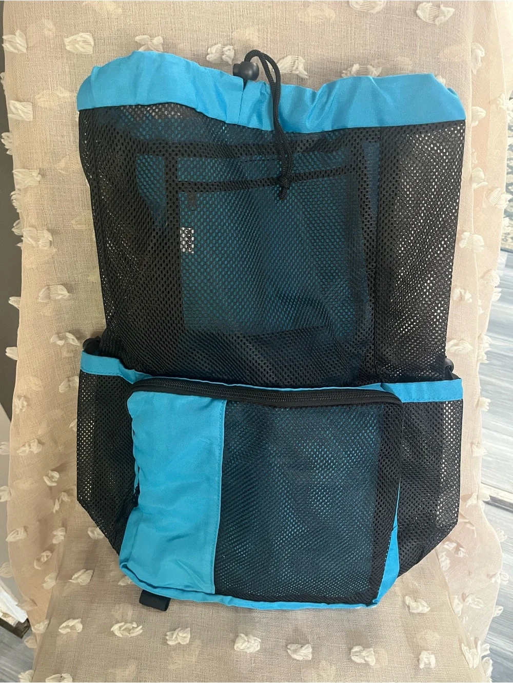 Mesh Drawstring Backpack with Front Pocket - Black & Bright Blue